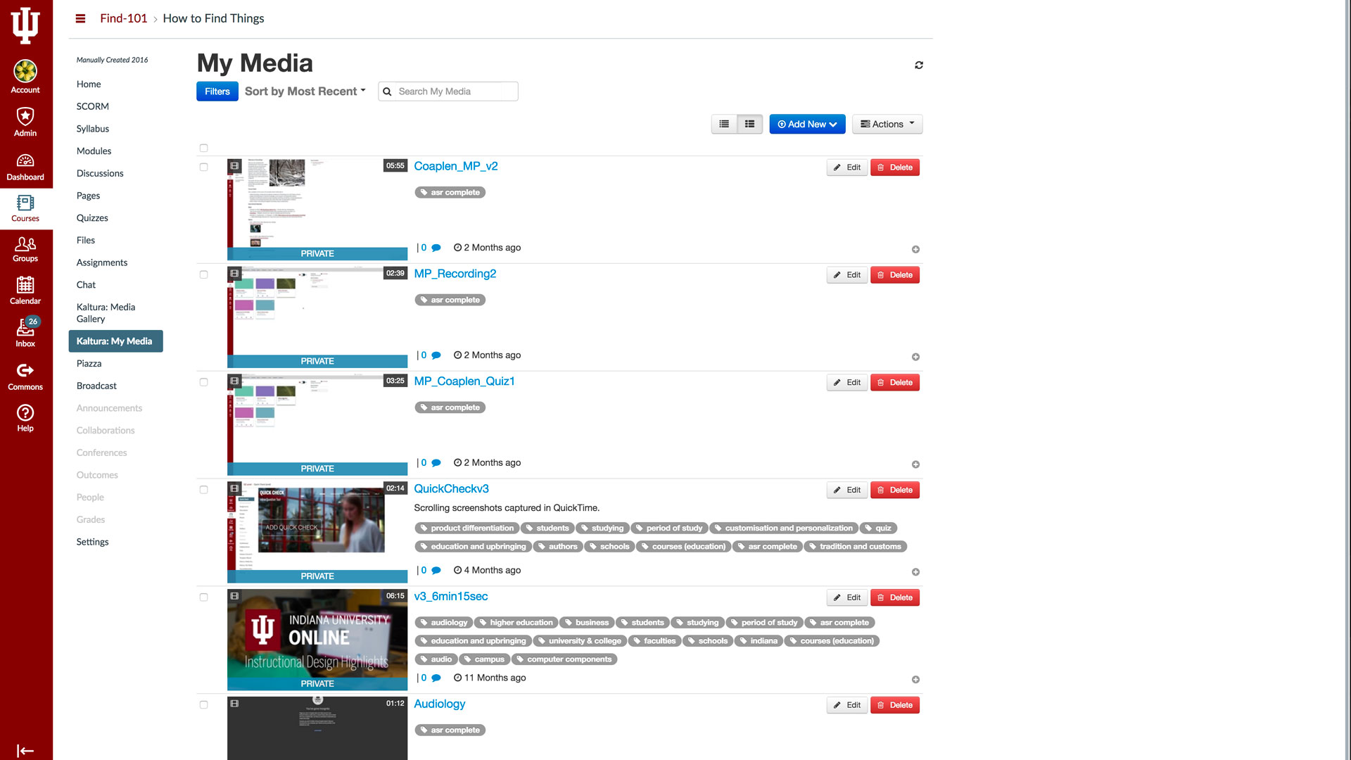 Image of Kaltura: My Media in Canvas showing a series of videos with tags.
