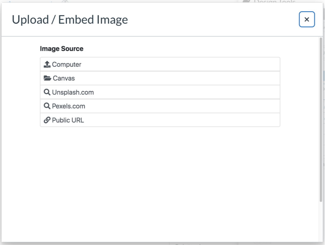 Screenshot of the screen for finding or selecting an image in the Upload/Embed Image tool