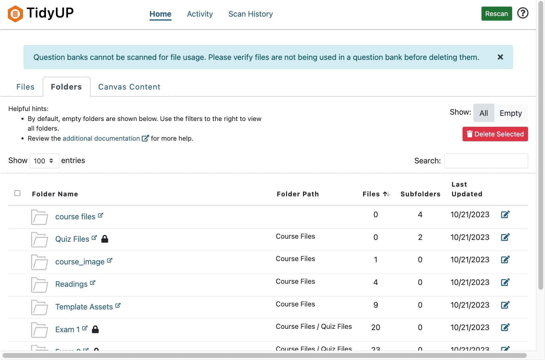 Screenshot of the TidyUP Folders tab with a complete listing of the folders in the course