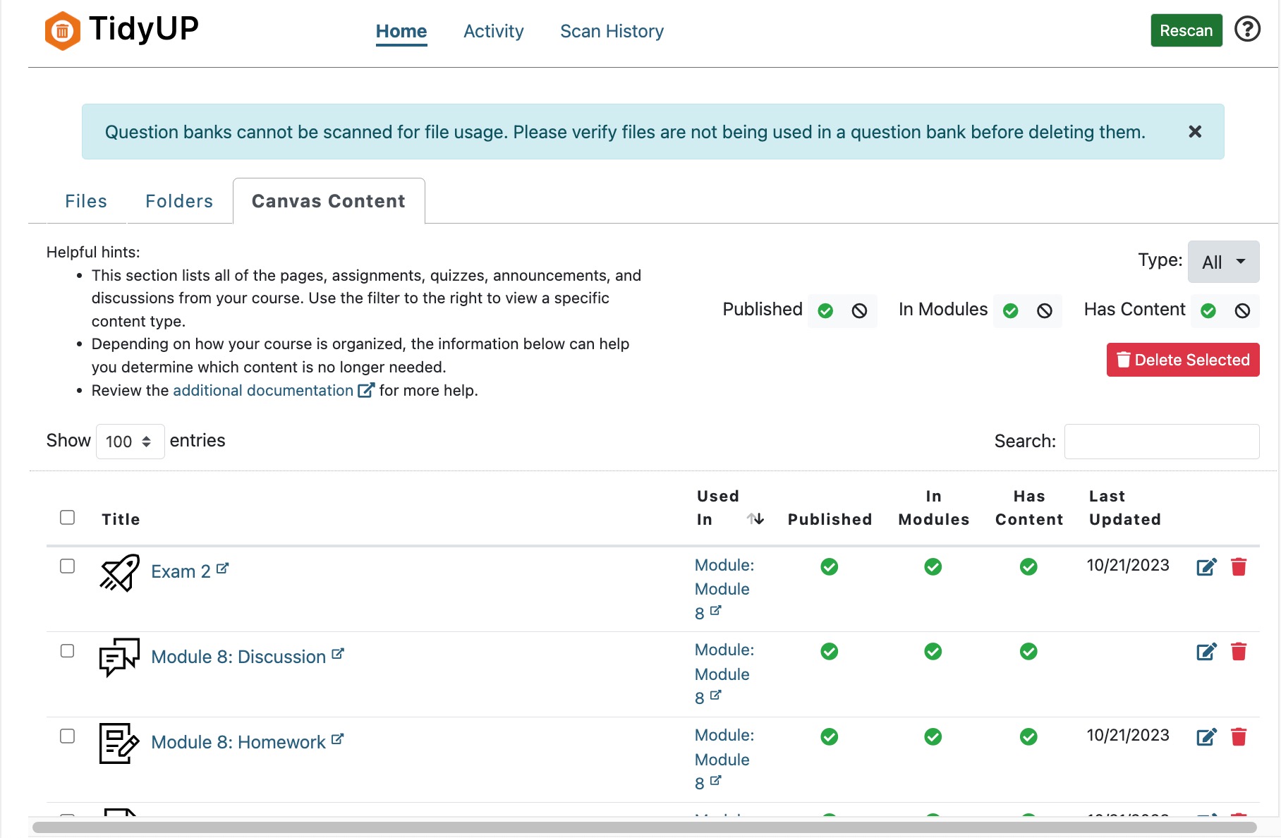 Screenshot of the TidyUP Course Content tab with a complete listing instructional content