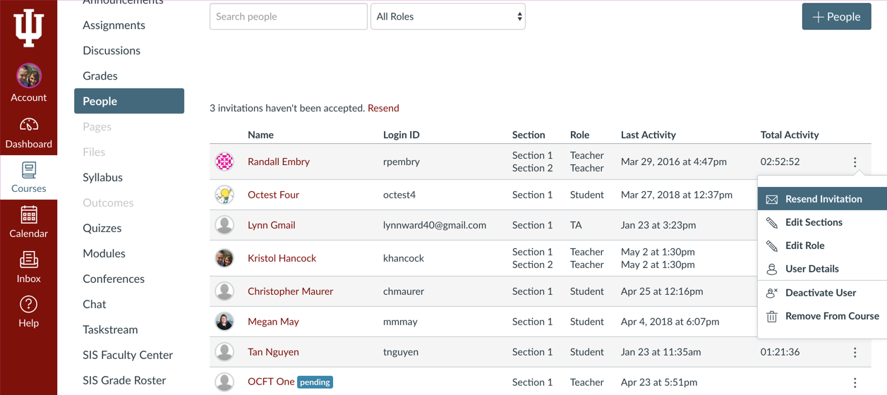 Screenshot of Canvas People tool showing the User Options menu dropdown.