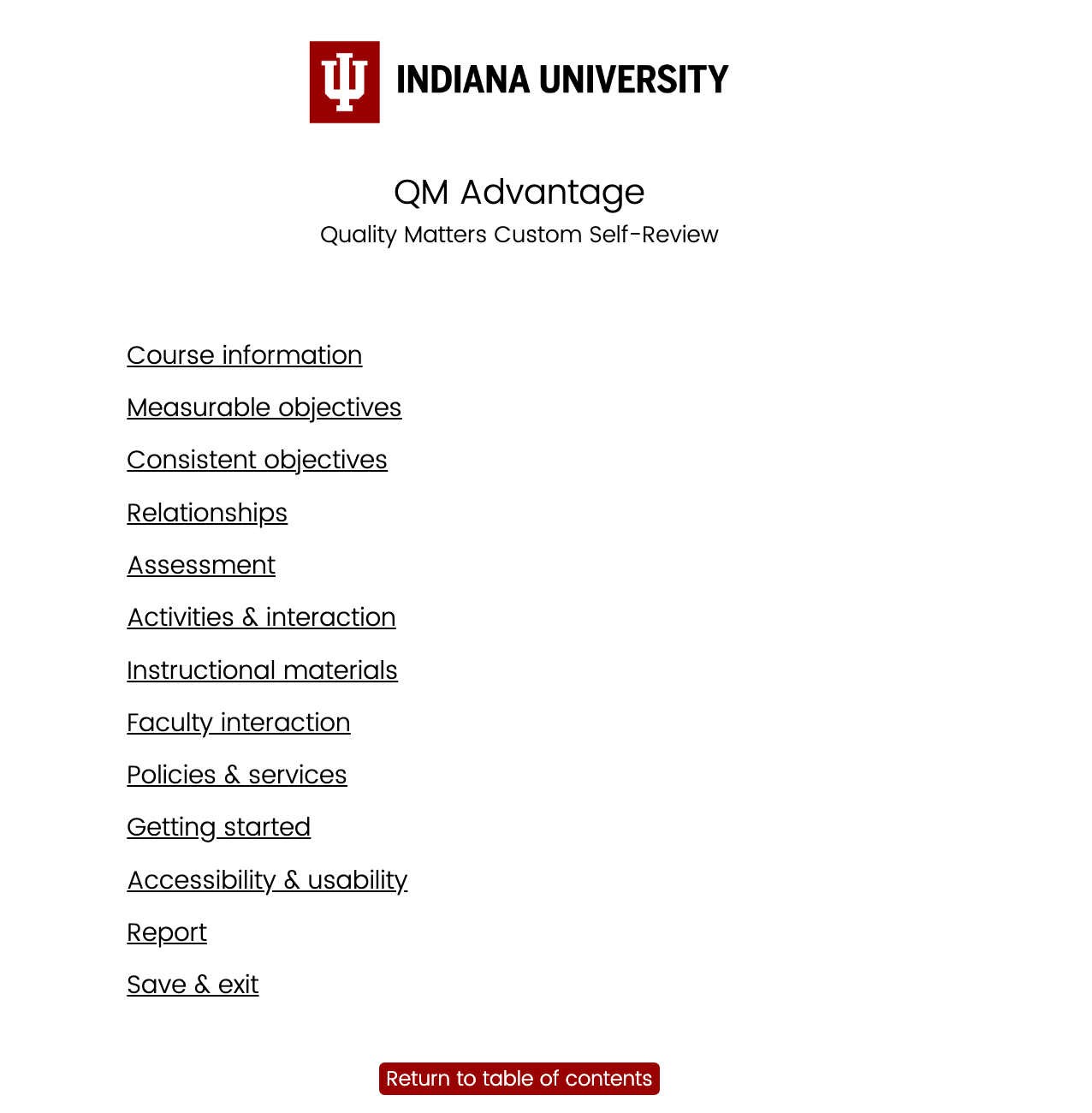 Screenshot of the QM Advantage Table of Contents