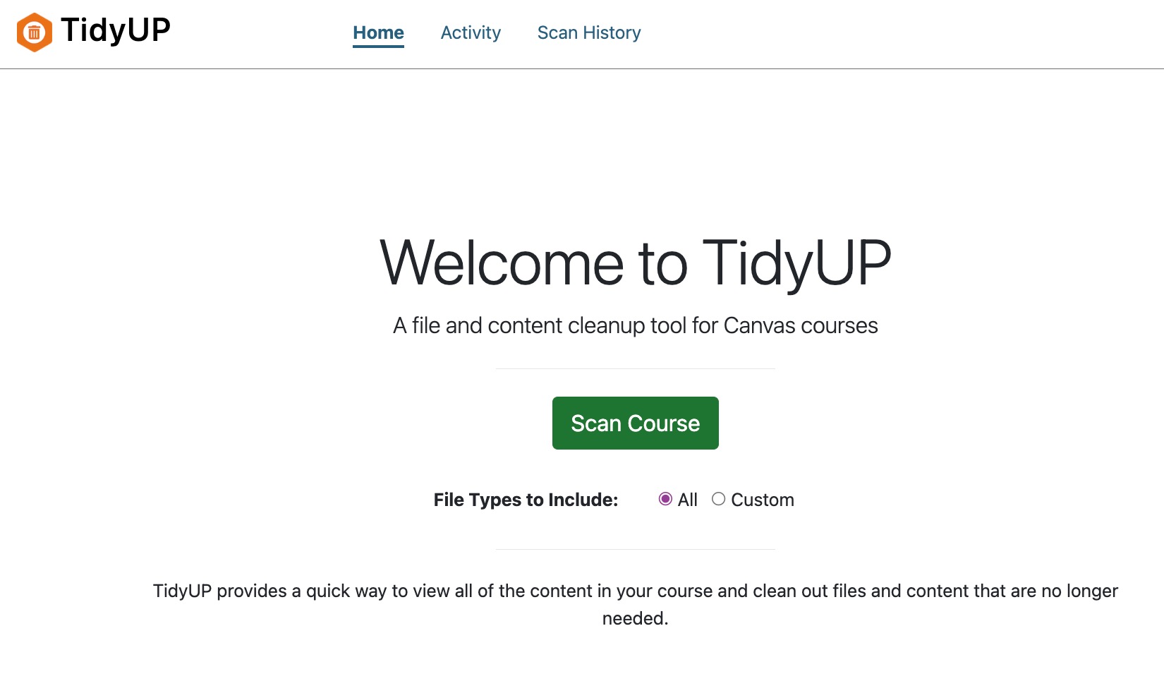Screenshot of the TidyUp Home screen where the Scan button is located