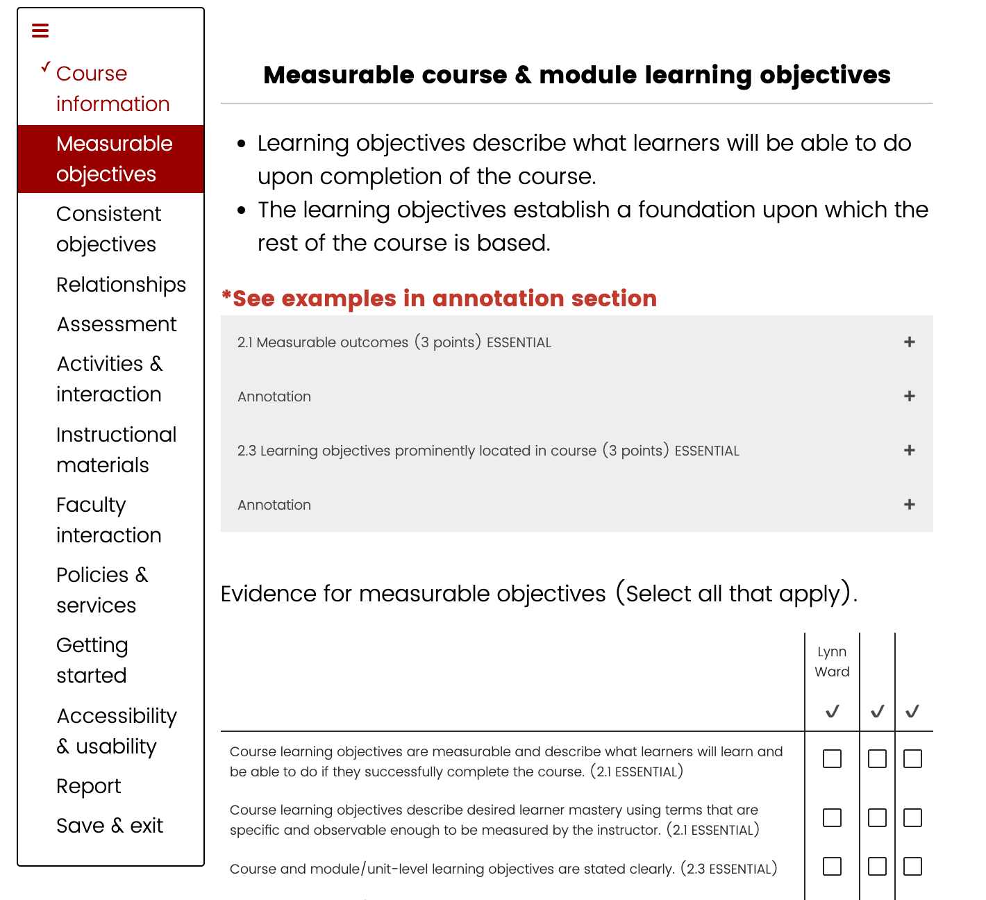 Sample Assessment Screen: evaluation criteria for course and module learning objectives