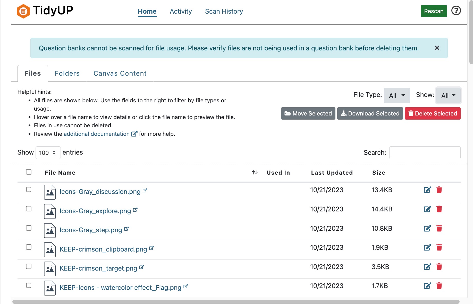 Screenshot of the TidyUP Files tab with a complete listing of files in the course